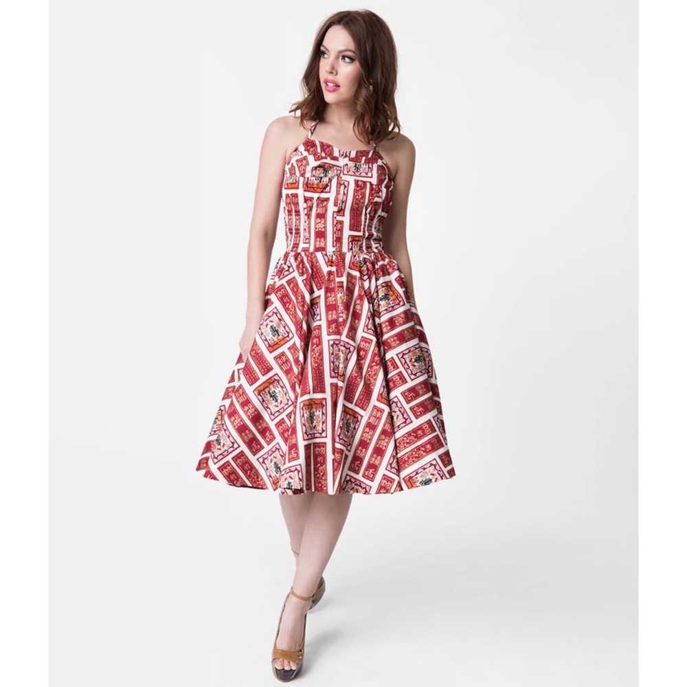 Alfred Shaheen Golden Scrolls Swing Dress XS